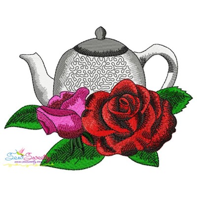 Teapot And Flowers-2 Embroidery Design Pattern-1
