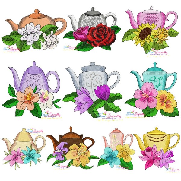 Teapot And Flowers Embroidery Design Bundle-1