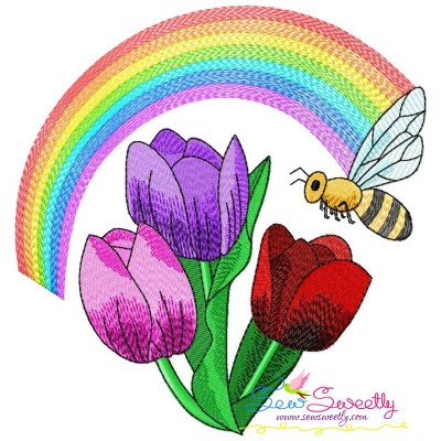Bee Flowers And Rainbow-7 Embroidery Design Pattern-1