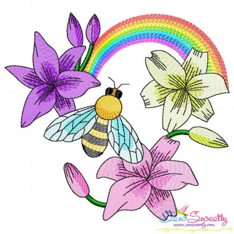 Bee Flowers And Rainbow-5 Embroidery Design Pattern