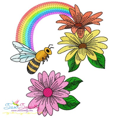 Bee Flowers And Rainbow-3 Embroidery Design Pattern-1
