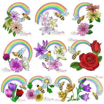 Bee Flowers And Rainbow Embroidery Design Pattern Bundle-1