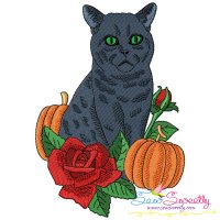 Halloween Cat Flowers And Pumpkin Embroidery Design Pattern