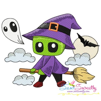 Cute Halloween Witch And Broom Embroidery Design Pattern-1