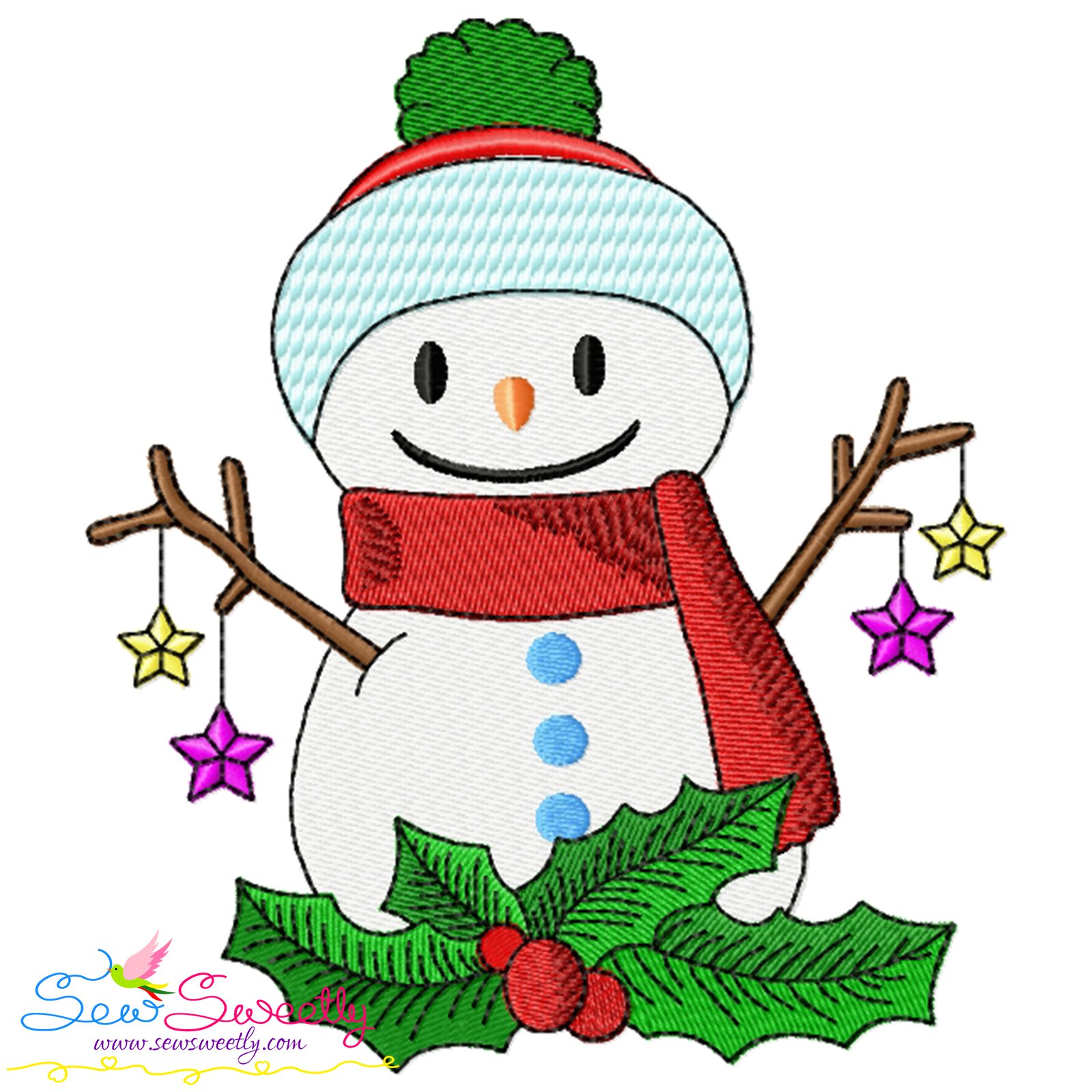 Christmas Snowman And Holly Leaves Embroidery Design | Sew Sweetly