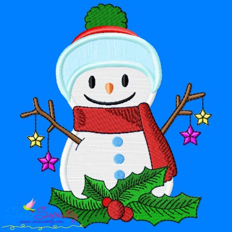 Christmas Snowman And Holly Leaves Applique Design Pattern
