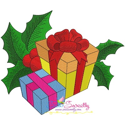 Christmas Gifts And Holly Leaves Embroidery Design Pattern-1