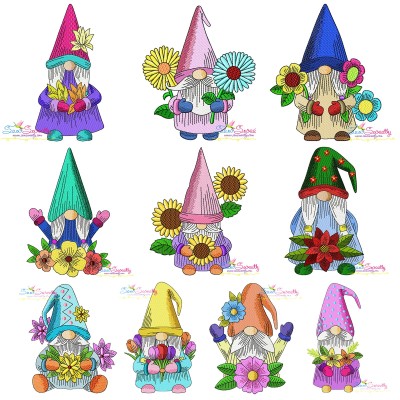 Gnomes With Flowers Embroidery Design Pattern Bundle-1
