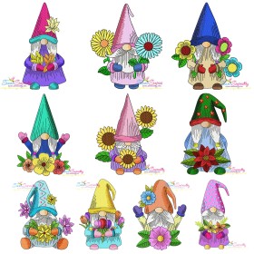 Gnomes With Flowers Embroidery Design Bundle-1