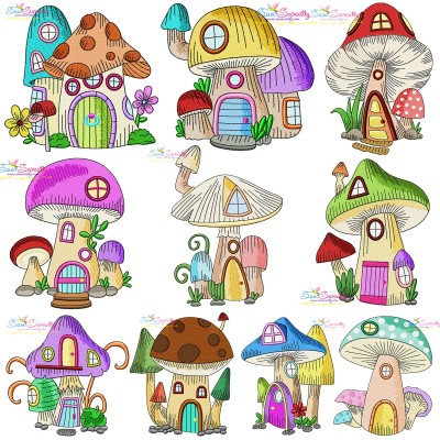 Gnome Mushroom Houses Embroidery Design Pattern Bundle-1
