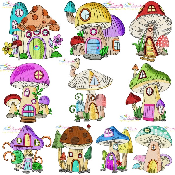 Gnome Mushroom Houses Embroidery Design Bundle-1