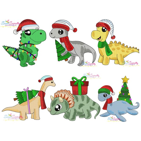 Christmas Dinosaurs Embroidery Design Bundle-1