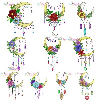 Dream Catcher Flowers And Moon Embroidery Design Pattern Bundle-1