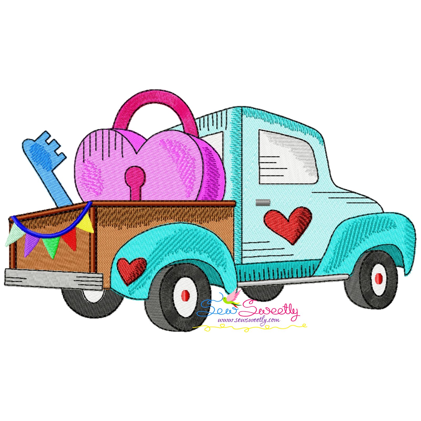 Free Valentine Truck Heart Lock Key Embroidery Design Pattern