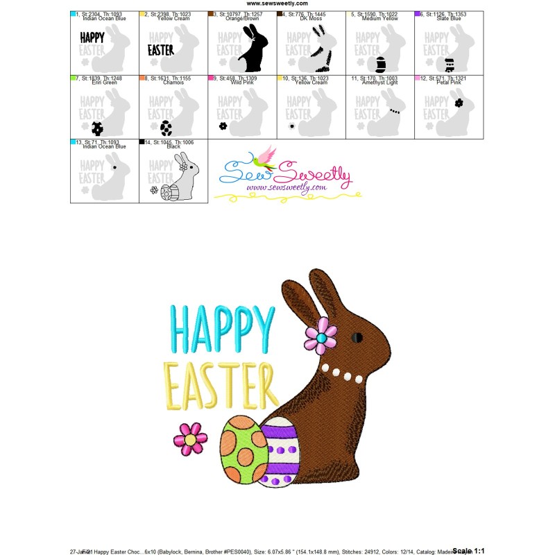 Happy Easter Chocolate Bunny Eggs Embroidery Design Pattern
