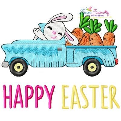 Happy Easter Bunny Truck With Carrots Embroidery Design Pattern-1