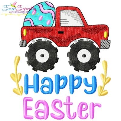 Happy Easter Monster Truck With Egg Embroidery Design Pattern-1