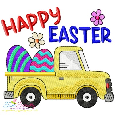 Happy Easter Truck With Eggs Embroidery Design Pattern-1