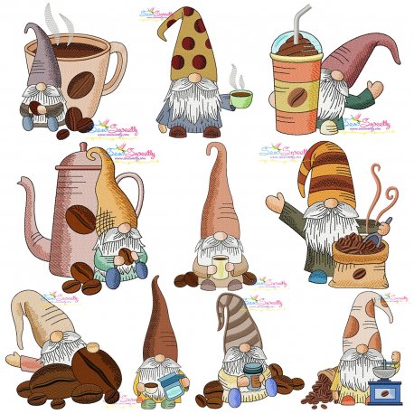 Gnomes With Coffee Embroidery Design Bundle- 1