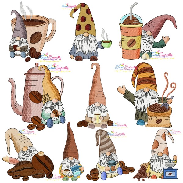 Gnomes With Coffee Embroidery Design Bundle-1