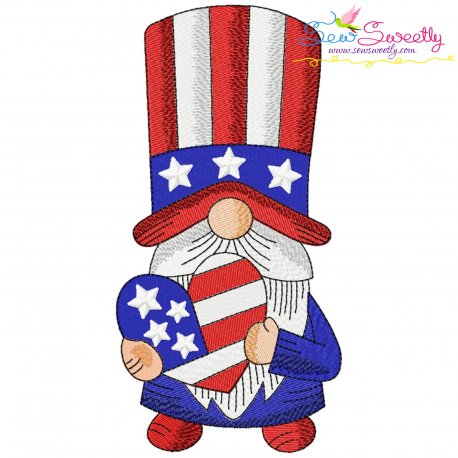 4th of July Patriotic Gnome Heart Flag Embroidery Design Pattern
