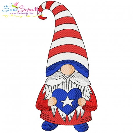 4th of July Patriotic Gnome Star Heart Embroidery Design Pattern