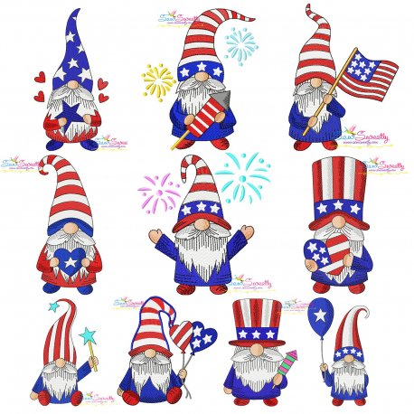 4th of July Patriotic Gnomes Embroidery Design Pattern Bundle-1