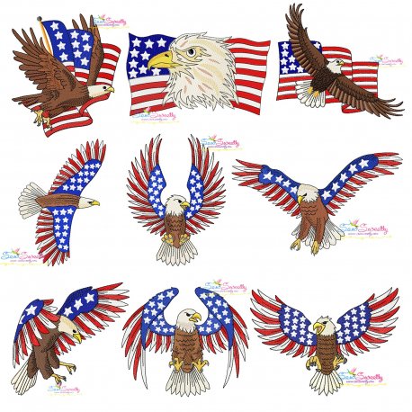 4th of July Patriotic Bald Eagle Flags Embroidery Design Bundle- 1