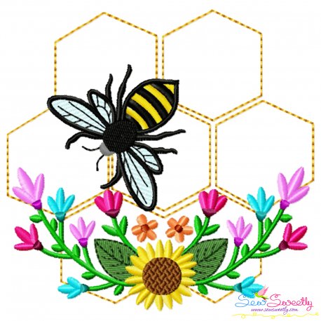Honey Bee Hive Flowers-1 Embroidery Design For Pillow- 1