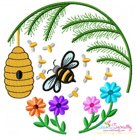 Honey Bee Hive Flowers-3 Embroidery Design For Pillow