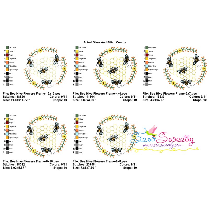 Beehive Flowers Frame Embroidery Design Pattern For Pillow