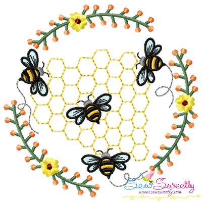 Beehive Flowers Frame Embroidery Design Pattern For Pillow-1