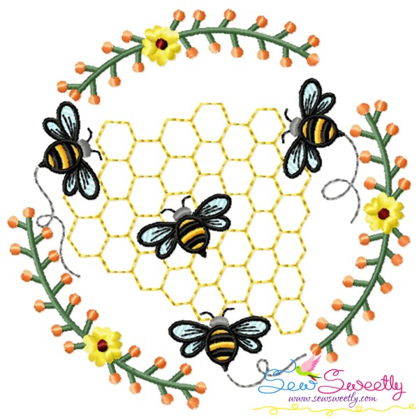 Beehive Flowers Frame Embroidery Design Pattern For Pillow-1