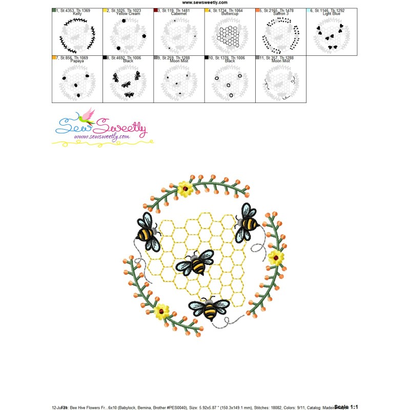 Beehive Flowers Frame Embroidery Design Pattern For Pillow