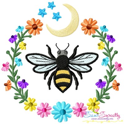 Bee Moon Floral Frame Embroidery Design Pattern For Pillow-1