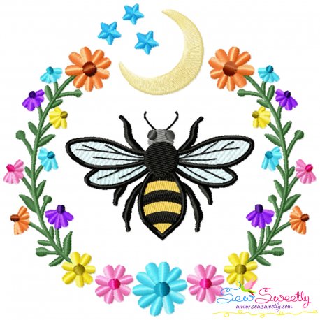 Bee Moon Floral Frame Embroidery Design Pattern For Pillow