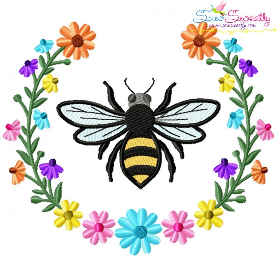Bee Floral Frame-4 Embroidery Design For Pillow