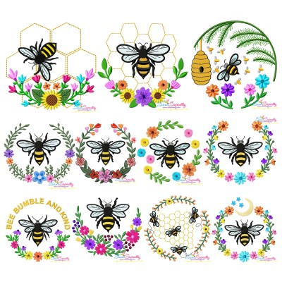 Bees Floral Frames Embroidery Design Pattern Bundle-1