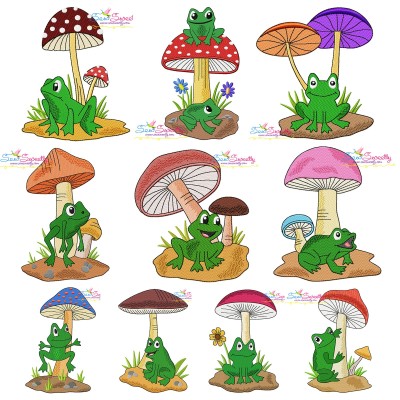 Frogs And Mushrooms Embroidery Design Pattern Bundle-1