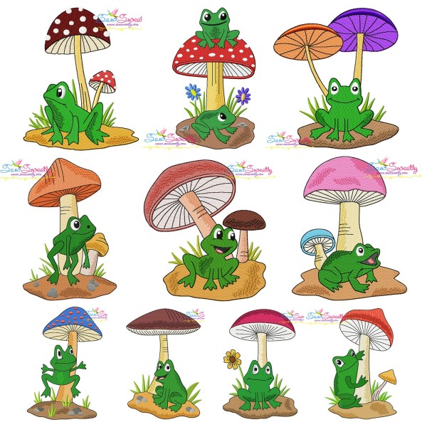 Frogs And Mushrooms Embroidery Design Bundle-1