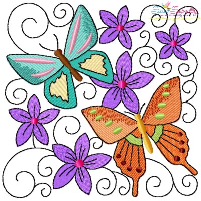 Butterfly And Flowers Quilt Block-10 Embroidery Design Pattern-1