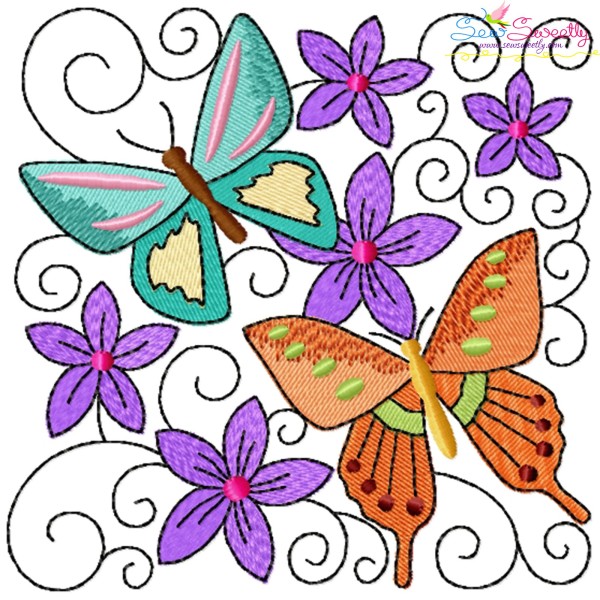 Butterfly And Flowers Quilt Block-10 Embroidery Design Pattern-1