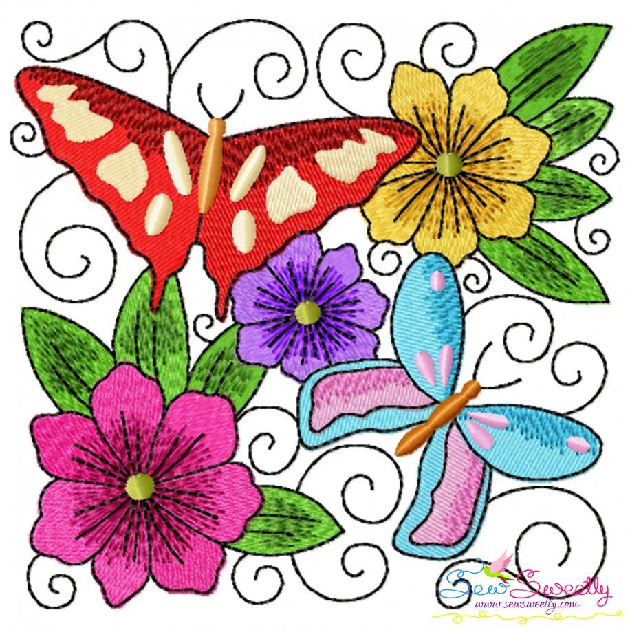 Butterfly And Flowers Quilt Block-8 Embroidery Design Pattern