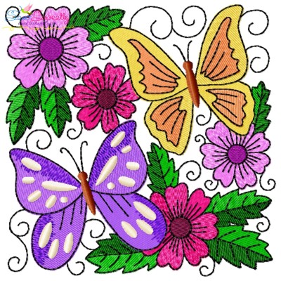 Butterfly And Flowers Quilt Block-7 Embroidery Design Pattern-1