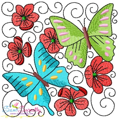 Butterfly And Flowers Quilt Block-6 Embroidery Design Pattern-1