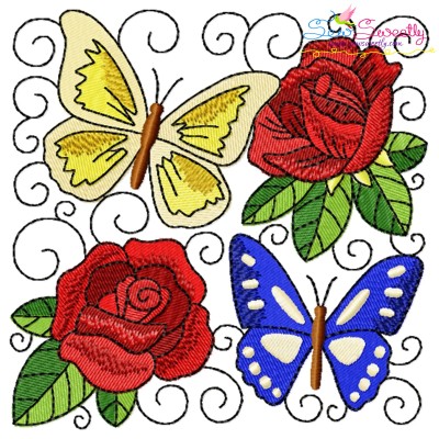 Butterfly And Flowers Quilt Block-5 Embroidery Design Pattern-1