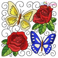 Butterfly And Flowers Quilt Block-5 Embroidery Design Pattern