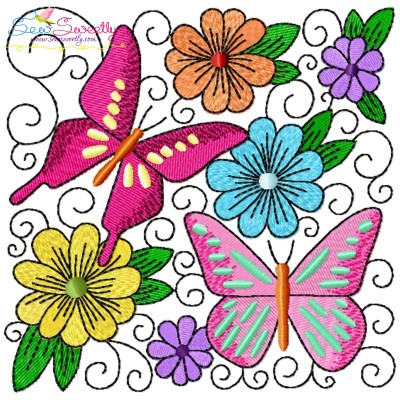 Butterfly And Flowers Quilt Block-4 Embroidery Design Pattern-1