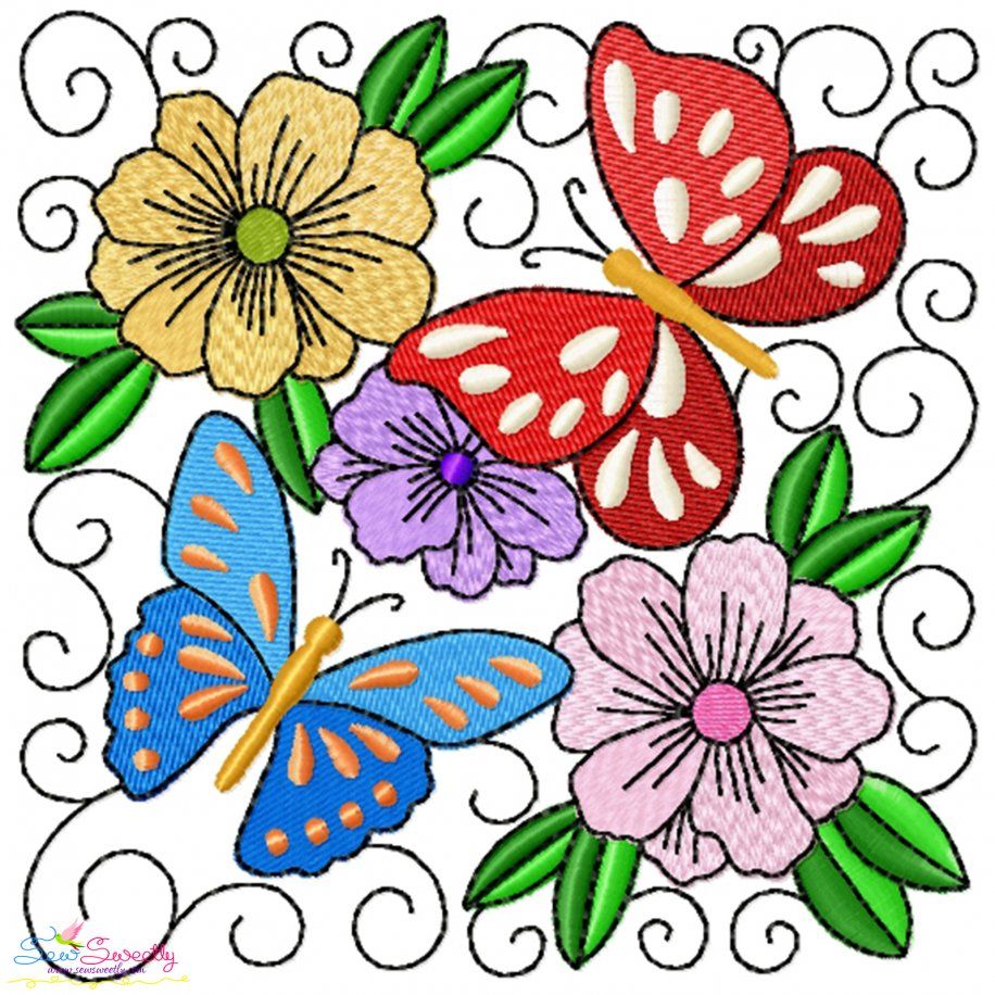 Butterfly And Flowers Quilt Block-3 Embroidery Design Pattern