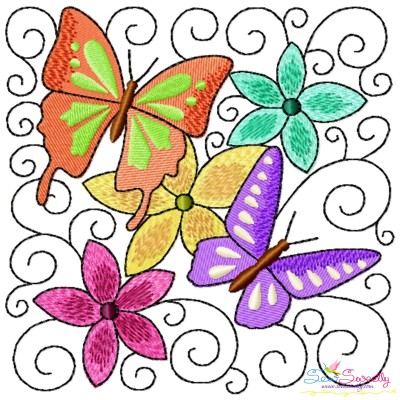 Butterfly And Flowers Quilt Block-2 Embroidery Design Pattern-1